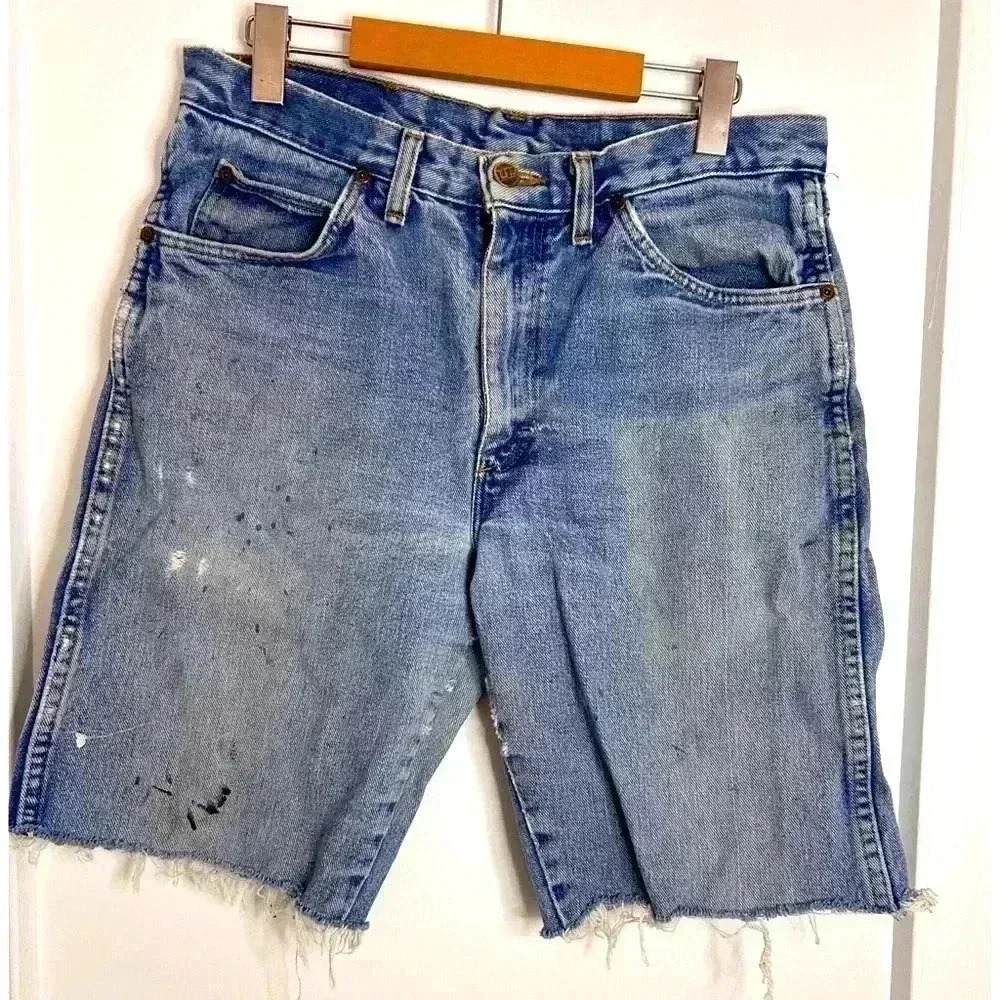 Vintage Distressed Unifirst Cut  Off Denim Shorts Size 32”